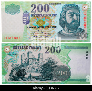 200 Forint banknote, King Charles Robert, Ruin of Diosgyor Castle, Hungary, 2007 Stock Photo