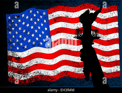 Stars and Stripes grunge flag with a closeup of the Statue of Liberty torch in silhouette Stock Photo