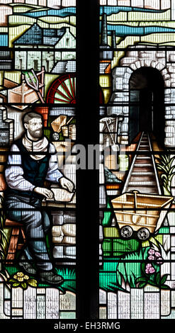 A commemorative stained glass window, in honour of Richard Watson the leadminer-poet, Middleton-in-Teesdale, County Durham, UK. Stock Photo
