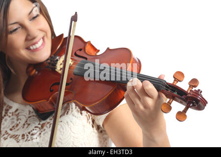 Happy musician playing violin isolated on a white background Stock Photo