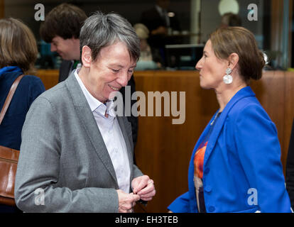German Minister for the Environment, Nature Conservation, Construction, & Reactor Security Barbara Hendricks (L) is talking with the French minister of Ecology, Sustainable Development, & Energy Ségolène Royal (R) prior an EU Environment Ministers meeting in the EU Council headquarter in Brussels (Belgium), 6 March 2015. Photo: Thierry Monasse/dpa - NO WIRE SERVICE - Stock Photo