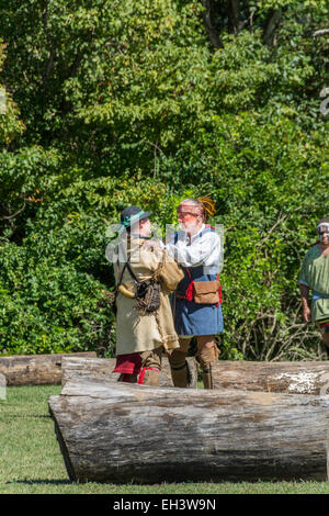 Daniel Boone meeting with Chief Blackfish of the Shawnees at the reenactment of the 1778 Siege of Fort Boonesborough Kentucky. Stock Photo