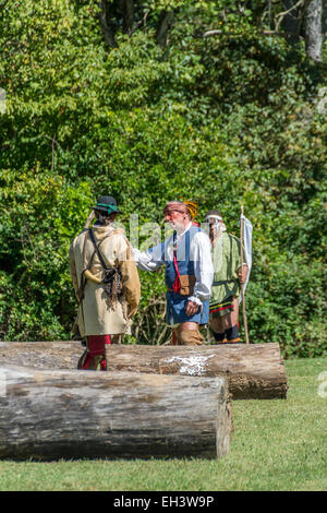 Daniel Boone meeting with Chief Blackfish of the Shawnees at the reenactment of the 1778 Siege of Fort Boonesborough Kentucky. Stock Photo