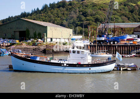 A converted fishing boat in the color colours of Manchester City Football Club moored on the River Dart, Devon, England, UK Stock Photo