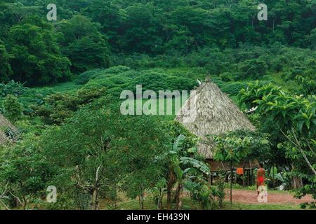 Panama, Darien province, Darien National Park, listed as World Heritage by UNESCO, Embera indigenous community, young man in the middle of a traditional village Embera in a tropical vegetation and lush environment Stock Photo