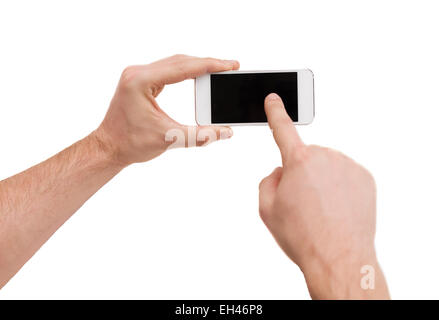 closeup of man hands touching screen of smartphone Stock Photo