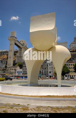 Brazil, Bahia state, Salvador de Bahia, historical center listed as World Heritage by UNESCO, Pelourinho district, public fountain at the foot of the Lacerda elevator connecting upper and lower towns Stock Photo