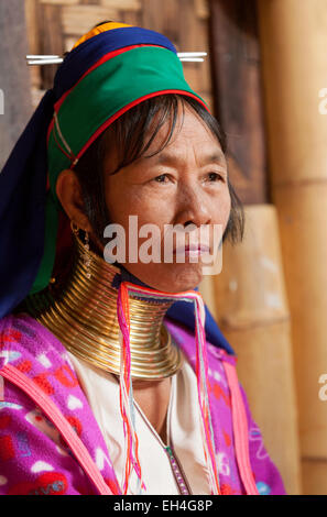 Padaung long-necked woman with brass neck rings, portrait, hill