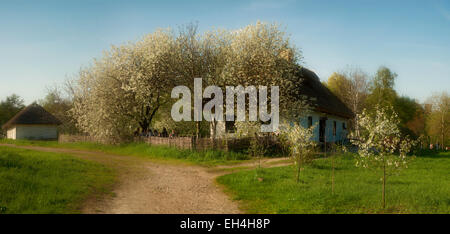 Landscape panorama house of clay in the flowered garden Ukraine.Museum of Kiev Stock Photo