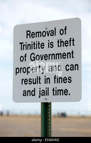 Trinitite sign, Trinity Site (first nuclear explosion, 1945), New Mexico USA Stock Photo