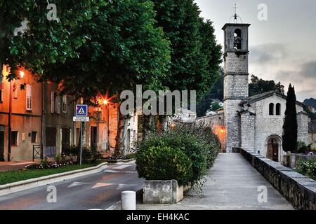 France, Alpes Maritimes, Valbonne, Notre Dame de la Sagesse, church and bell tower at dusk Stock Photo