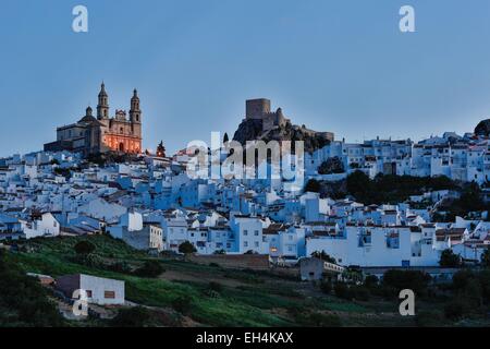 Spain, Andalusia, Cadix, Olvera, white village on a rocky promontory at dawn Stock Photo