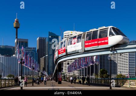 Australia, New South Wales, Sydney, Darling Harbour district, monorail on Pyrmont Bridge Stock Photo