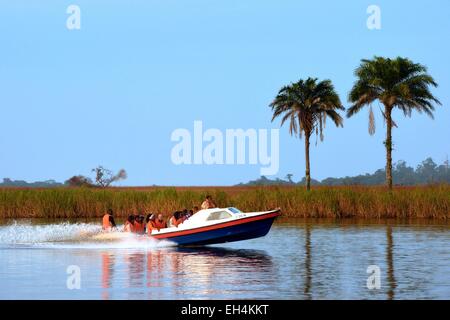 Gabon, Ogooue-Maritime Province, motor boat on the Fernan Vaz (Nkomi) lagoon Stock Photo