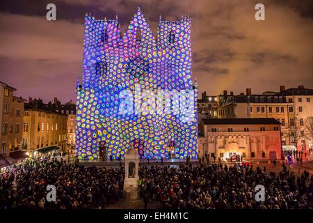 France, Rhone, Lyon, district of Vieux-Lyon, historical site listed as World Heritage by UNESCO, the Lyon Cathedral (Cathedrale Saint-Jean-Baptiste de Lyon) during the Fete des Lumieres (Light Festival), show Color or Not of Yves Moreaux Stock Photo