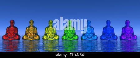 Seven small buddhas in chakra colors meditating upon water by day - 3D render Stock Photo