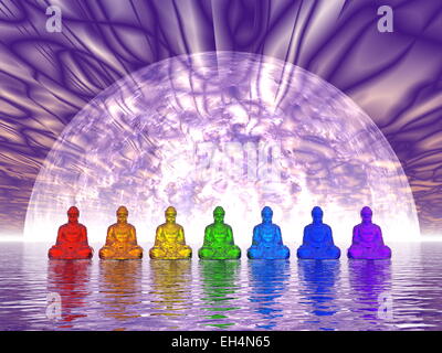 Seven small buddhas in chakra colors meditating upon water in front of big moon - 3D render Stock Photo
