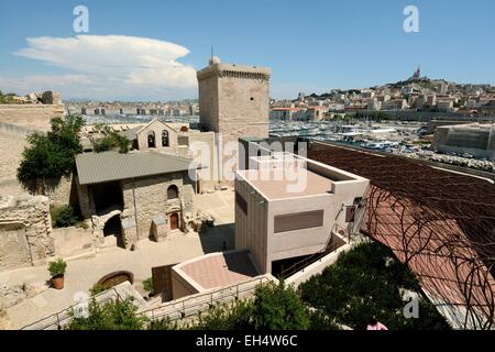 France, Bouches du Rhone, Marseille, Fort Saint Jean, overlooking the Vieux Port, Fort Saint Nicolas, Notre Dame de la Garde Stock Photo