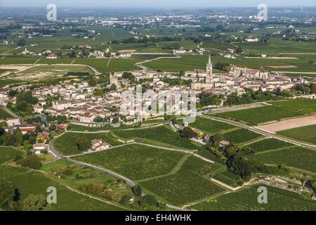 France, Gironde, Saint Emilion, Jurisdiction of Saint Emilion, listed as World Heritage by UNESCO, the village surrounded by Saint Emilion vineyards (aerial view) Stock Photo
