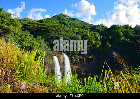 Twin cascades of Wailua Falls on Wailua River, Kauai, Hawaii, USA Stock Photo