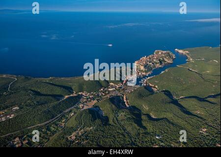 France, Corse du Sud, Bonifacio, the marina and the old town (aerial view) Stock Photo