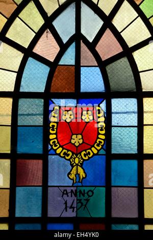 France, Haute Saone, Champlitte, Saint Christophe church dated 19th century, Saint Christopher chapel, stained glass dating from 1972 coat of arms Lords of Vergy Stock Photo