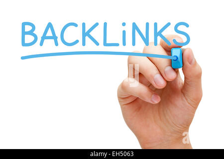 Hand writing Backlinks with blue marker on transparent wipe board. Stock Photo