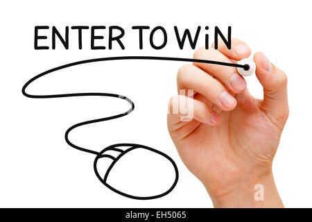 Hand drawing Enter to Win concept with black marker on transparent wipe board. Stock Photo