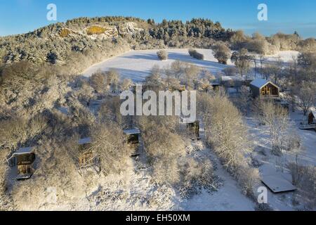 France, Puy de Dome, Manzat, Sauterre, le Bois Basalte, innovating and ecologically responsible lodging in Auvergne (aerial view) Stock Photo