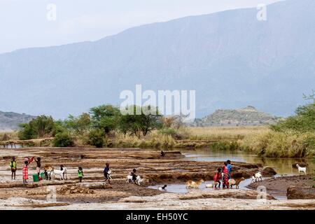 Kenya, lake Magadi, Masai people at a waterpoint Stock Photo