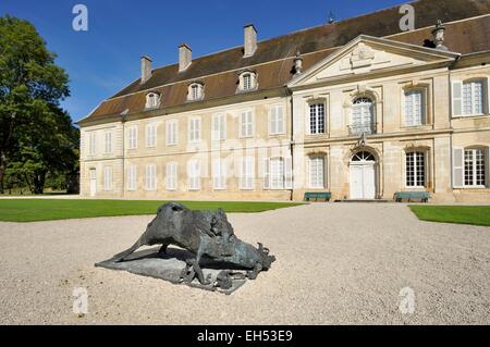 France, Haute Marne, Auberive, Auberive Abbey founded in 1135, wild boar statue at the entrance of the west side Stock Photo