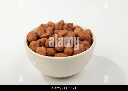 hazelnuts in a white bowl on white table Stock Photo