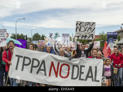 Christchurch, New Zealand. 7th Mar, 2015. Several thousand people march to protest the proposed Trans-Pacific Partnership Agreement, a pact being negotiated in secret between 12 Asian and Pacific-rim countries, including the United States. Protests were held throughout New Zealand. Opponents say the agreement will negatively impact the environment, healthcare, workers and consumers and hand foreign corporations the power to sue governments if laws affect corporate profits. Credit:  PJ Heller/ZUMA Wire/Alamy Live News Stock Photo
