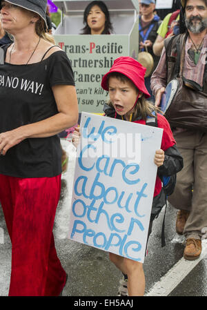 Christchurch, New Zealand. 7th Mar, 2015. Several thousand people march to protest the proposed Trans-Pacific Partnership Agreement, a pact being negotiated in secret between 12 Asian and Pacific-rim countries, including the United States. Protests were held throughout New Zealand. Opponents say the agreement will negatively impact the environment, healthcare, workers and consumers and hand foreign corporations the power to sue governments if laws affect corporate profits. Credit:  PJ Heller/ZUMA Wire/Alamy Live News Stock Photo