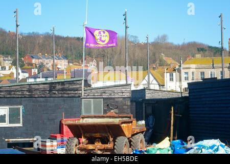 UKIP flag flying over Hastings Old Town Stade East Sussex England Stock Photo