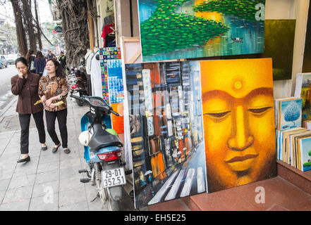 Paintings of Buddha at an on street gallery shop,mainly for tourists in Old Quarter of Han Noi, Hanoi,Vietnam, Stock Photo