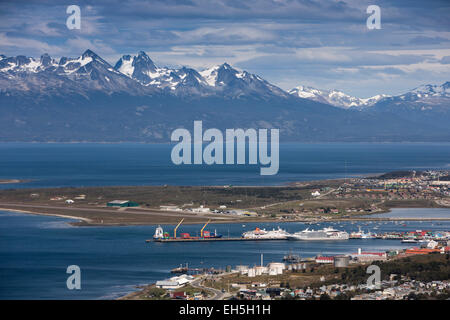 Argentina, Tierra del Fuego, Ushuaia,  elevated view, Antarctic expedition ships at quay Stock Photo