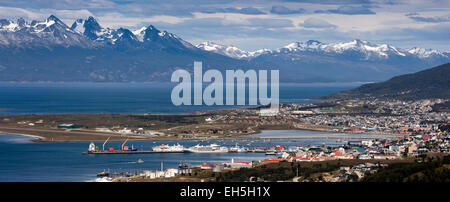 Argentina, Tierra del Fuego, Ushuaia,  elevated panoramic view of toen and Beagle Passage Stock Photo
