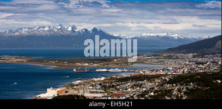 Argentina, Tierra del Fuego, Ushuaia,  elevated panoramic view of toen and Beagle Passage Stock Photo