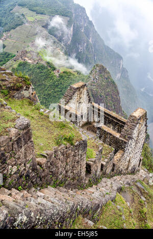 View of Machu Picchu as seen from high up the peak of Huayna Picchu in Peru Stock Photo