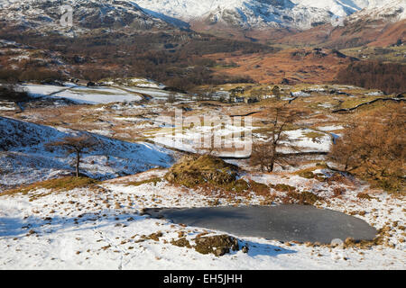 View across Little Langdale in winter from Black Crag, Cumbria Stock Photo