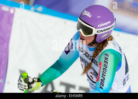 Garmisch-Partenkirchen, Germany. 07th Mar, 2015. Third-placed Tina Maze of Slovenia reacts during the alpine skiing world cup in Garmisch-Partenkirchen, Germany, 07 March 2015. PHOTO: NICOLAS ARMER/dpa/Alamy Live News Stock Photo