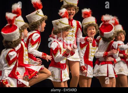 Suhl, Germany. 07th Mar, 2015. The majorettes of the group 'Rote Husaren' celebrate their victory during the North-German championship of carnevalistic dancing in Suhl, Germany, 07 March 2015. About 1700 dancers of different age groups perform their various dance styles. Photo: Michael Reichel/dpa/Alamy Live News Stock Photo