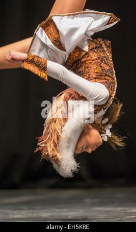 Suhl, Germany. 07th Mar, 2015. The majorette Lea Intorp in action during the North-German championship of carnevalistic dancing in Suhl, Germany, 07 March 2015. About 1700 dancers of different age groups perform their various dance styles. Photo: Michael Reichel/dpa/Alamy Live News Stock Photo