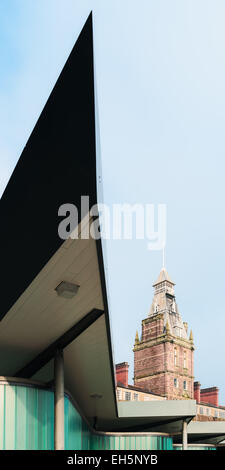 The new bus station in Newport City with the historic market tower behind. Stock Photo