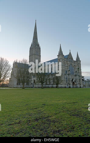 Salisbury Diocese Cathedral post-Dawn - West End, North Door, Nave, Transept & Spire Stock Photo