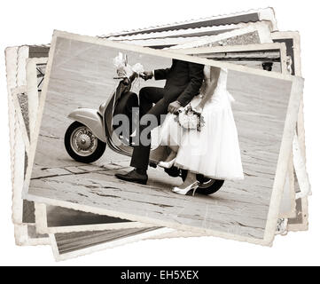 Vintage photos with Young newlywed just married, posing on an old gray scooter Stock Photo