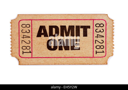 Old admit one ticket on a white background. Stock Photo