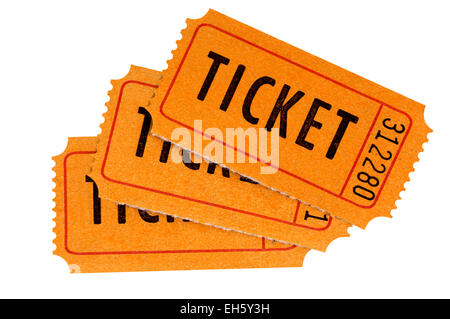 Three orange raffle tickets isolated on a white background. Stock Photo