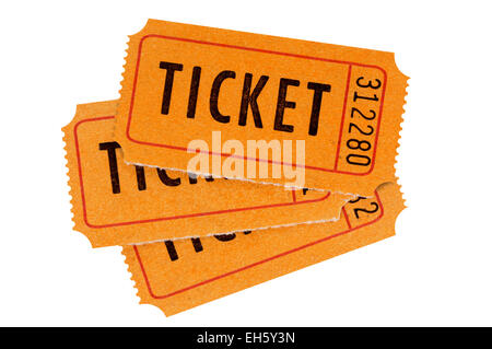 Three orange movie tickets isolated on a white background. Stock Photo